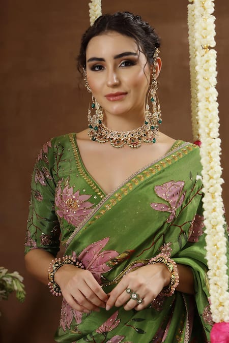 Buy_Miku Kumar_Green Georgette, Tissue Embroidery, Petunia Print Pre-draped Saree With Blouse 