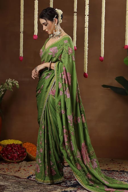 Shop_Miku Kumar_Green Georgette, Tissue Embroidery, Petunia Print Pre-draped Saree With Blouse 
