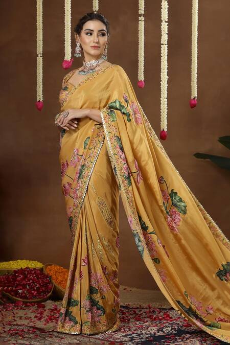 Shop Miku Kumar Yellow Georgette, Tissue Nerra Florette Print Pre-draped Saree With Blouse Shop_Miku Kumar_Yellow Georgette, Tissue Nerra Florette Print Pre-draped Saree With Blouse