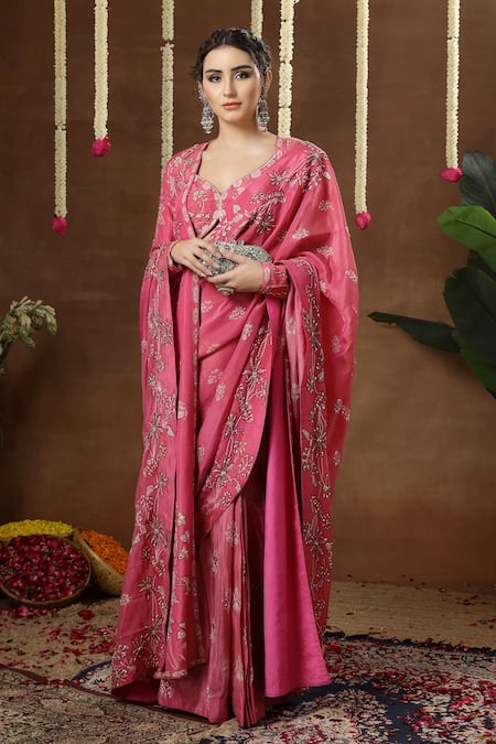 Buy_Miku Kumar_Pink Georgette, Tissue Embroidery, Vionna Pre-draped Saree Set With Jacket _Online_at_Aza_Fashions