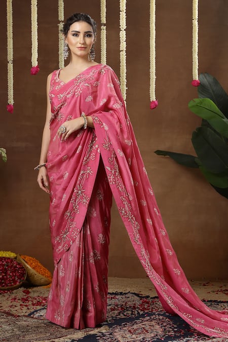 Shop_Miku Kumar_Pink Georgette, Tissue Embroidery, Vionna Pre-draped Saree Set With Jacket _Online_at_Aza_Fashions