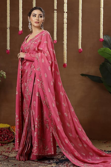 Miku Kumar_Pink Georgette, Tissue Embroidery, Vionna Pre-draped Saree Set With Jacket _at_Aza_Fashions