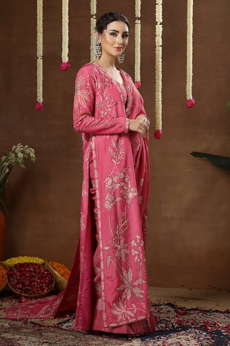 Buy_Miku Kumar_Pink Georgette, Tissue Embroidery, Vionna Pre-draped Saree Set With Jacket 