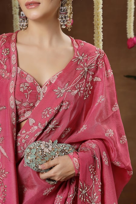 Shop_Miku Kumar_Pink Georgette, Tissue Embroidery, Vionna Pre-draped Saree Set With Jacket 