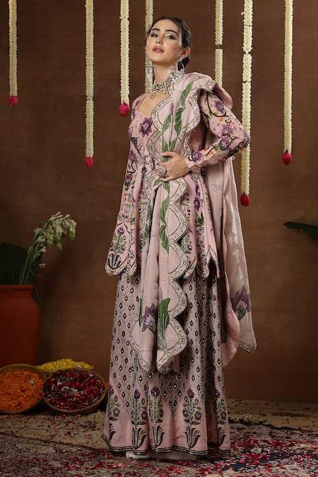 Buy_Miku Kumar_Pink Georgette, Tissue Embroidery, Foil Orah Printed Peplum Kurta Sharara Set _Online_at_Aza_Fashions