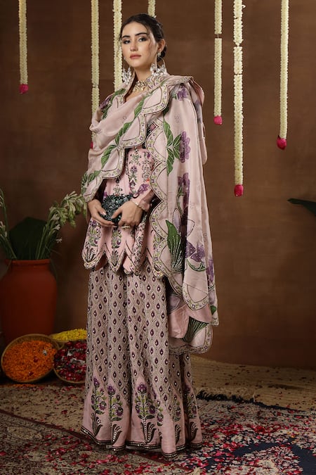 Shop_Miku Kumar_Pink Georgette, Tissue Embroidery, Foil Orah Printed Peplum Kurta Sharara Set _Online_at_Aza_Fashions