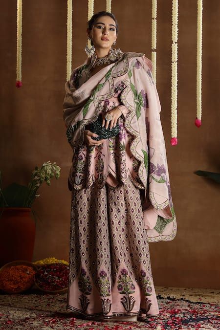 Miku Kumar_Pink Georgette, Tissue Embroidery, Foil Orah Printed Peplum Kurta Sharara Set _at_Aza_Fashions