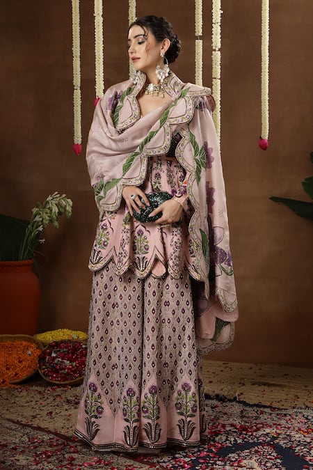 Buy_Miku Kumar_Pink Georgette, Tissue Embroidery, Foil Orah Printed Peplum Kurta Sharara Set 