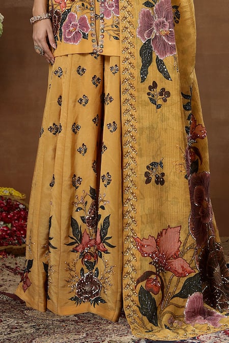Miku Kumar_Mustard Georgette, Tissue Embroidery, Beads, Celosia Printed Peplum Kurta Set _Online_at_Aza_Fashions