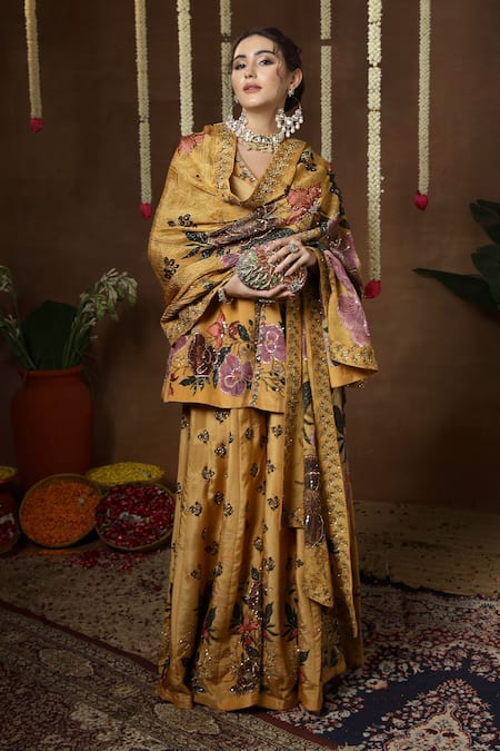 Buy_Miku Kumar_Mustard Georgette, Tissue Embroidery, Beads, Celosia Printed Peplum Kurta Set _Online_at_Aza_Fashions