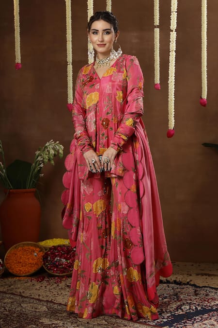 Miku Kumar_Pink Georgette, Tissue Embroidery, Tulia Floral Print Peplum Kurta Sharara Set _Online_at_Aza_Fashions