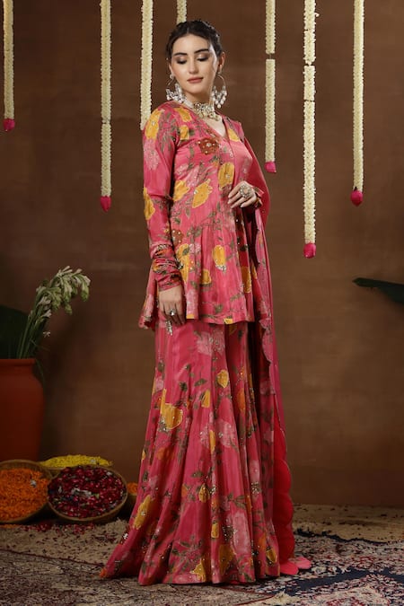Buy_Miku Kumar_Pink Georgette, Tissue Embroidery, Tulia Floral Print Peplum Kurta Sharara Set _Online_at_Aza_Fashions