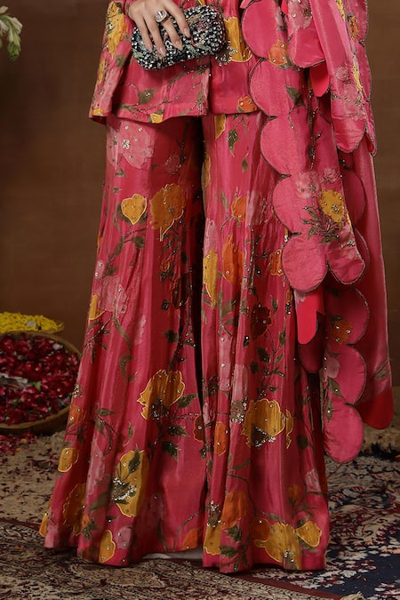 Shop_Miku Kumar_Pink Georgette, Tissue Embroidery, Tulia Floral Print Peplum Kurta Sharara Set _Online_at_Aza_Fashions