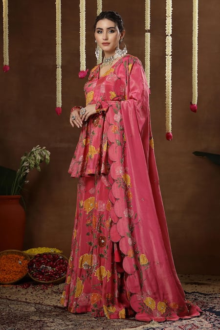 Miku Kumar_Pink Georgette, Tissue Embroidery, Tulia Floral Print Peplum Kurta Sharara Set _at_Aza_Fashions