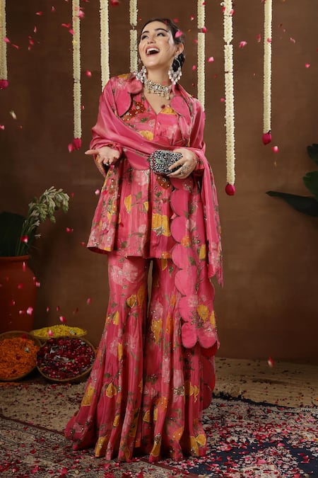 Buy_Miku Kumar_Pink Georgette, Tissue Embroidery, Tulia Floral Print Peplum Kurta Sharara Set 