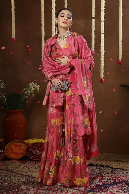 Shop_Miku Kumar_Pink Georgette, Tissue Embroidery, Tulia Floral Print Peplum Kurta Sharara Set 