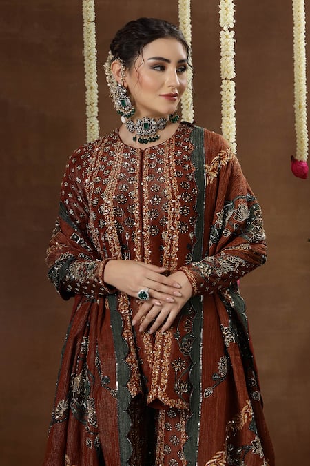 Miku Kumar_Maroon Georgette, Tissue Embroidery, Zari, Tira Printed Peplum Kurta Sharara Set _Online_at_Aza_Fashions