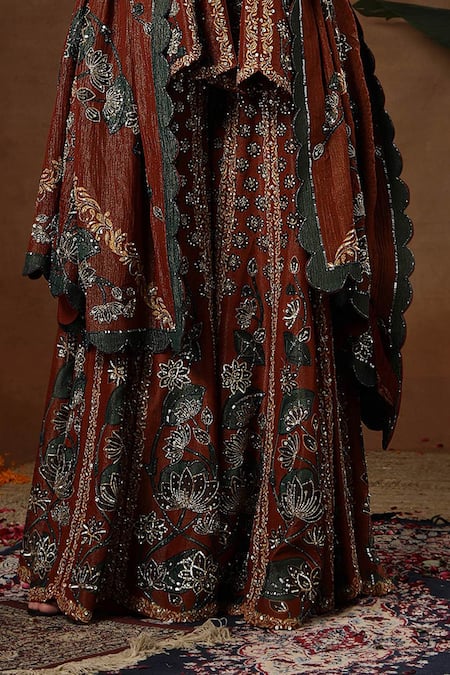 Miku Kumar_Maroon Georgette, Tissue Embroidery, Zari, Tira Printed Peplum Kurta Sharara Set _at_Aza_Fashions