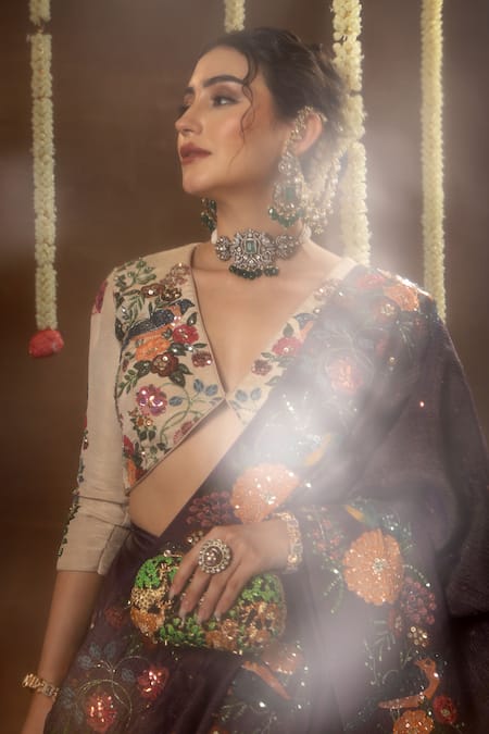 Miku Kumar_Purple Georgette, Tissue Embroidery, Sequins V-neck Raya Lehenga Set _Online_at_Aza_Fashions