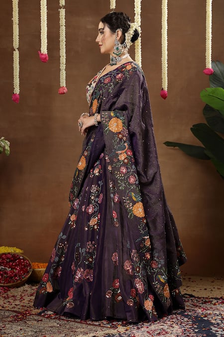 Shop_Miku Kumar_Purple Georgette, Tissue Embroidery, Sequins V-neck Raya Lehenga Set _Online_at_Aza_Fashions