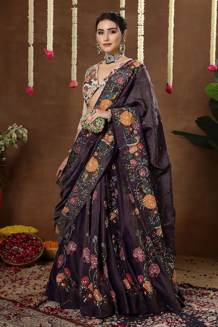 Buy_Miku Kumar_Purple Georgette, Tissue Embroidery, Sequins V-neck Raya Lehenga Set 