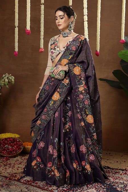 Shop_Miku Kumar_Purple Georgette, Tissue Embroidery, Sequins V-neck Raya Lehenga Set 
