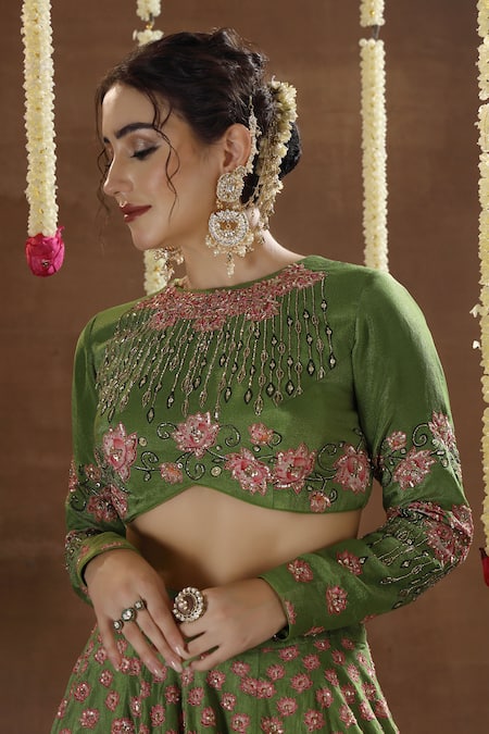 Miku Kumar_Green Georgette, Tissue Embroidery, Sequins Round Neck Lotus Lehenga Set _Online_at_Aza_Fashions