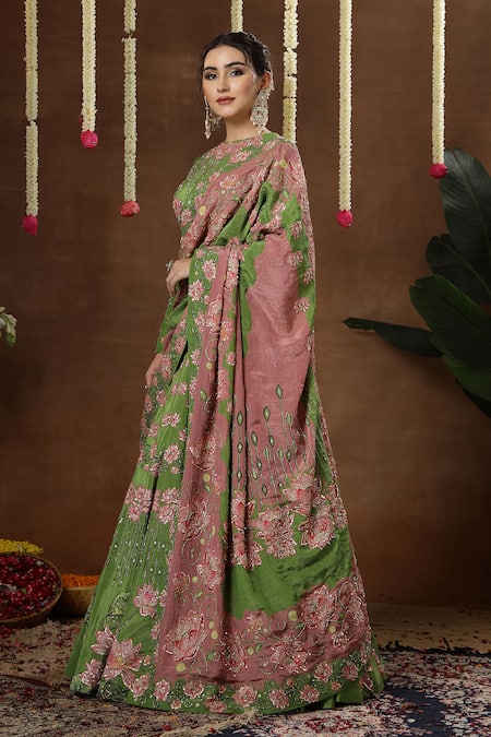 Buy_Miku Kumar_Green Georgette, Tissue Embroidery, Sequins Round Neck Lotus Lehenga Set _Online_at_Aza_Fashions