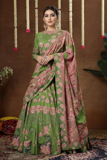 Shop_Miku Kumar_Green Georgette, Tissue Embroidery, Sequins Round Neck Lotus Lehenga Set _Online_at_Aza_Fashions