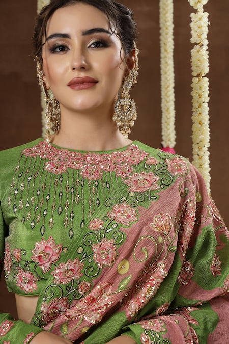 Miku Kumar_Green Georgette, Tissue Embroidery, Sequins Round Neck Lotus Lehenga Set _at_Aza_Fashions