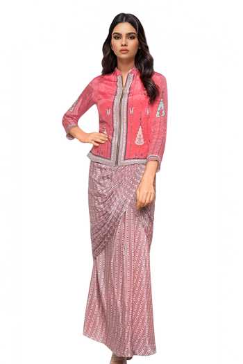 Buy Soup By Sougat Paul Pink Crepe Geometric Motifs Band Collar Draped Skirt Set at Aza Fashions Buy_Soup By Sougat Paul_Pink Crepe Geometric Motifs Band Collar Draped Skirt Set _at_Aza_Fashions