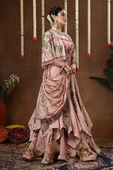 Miku Kumar_Multi Color Georgette, Tissue Iris Floral Print Cape Draped Lehenga Set _Online_at_Aza_Fashions