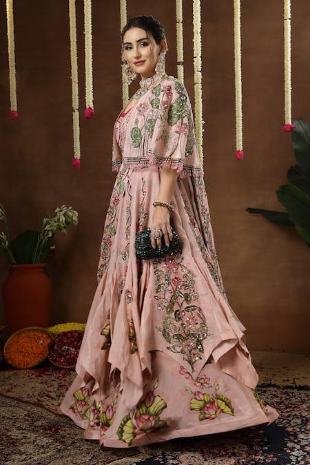 Buy_Miku Kumar_Multi Color Georgette, Tissue Iris Floral Print Cape Draped Lehenga Set _Online_at_Aza_Fashions