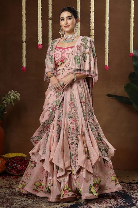 Miku Kumar Iris Floral Print Cape Draped Lehenga Set 