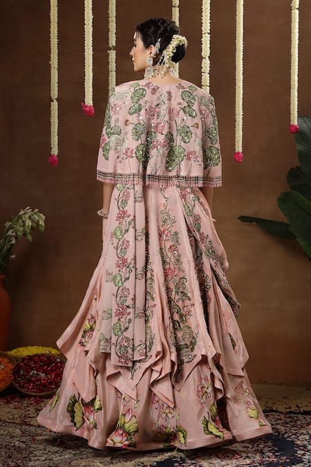 Miku Kumar Iris Floral Print Cape Draped Lehenga Set 