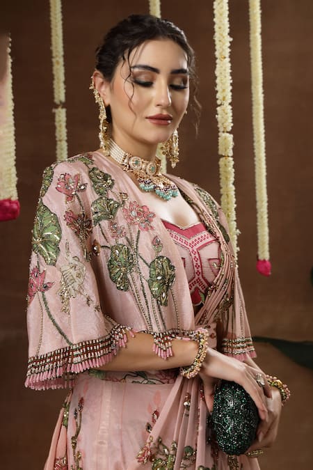 Buy_Miku Kumar_Multi Color Georgette, Tissue Iris Floral Print Cape Draped Lehenga Set 