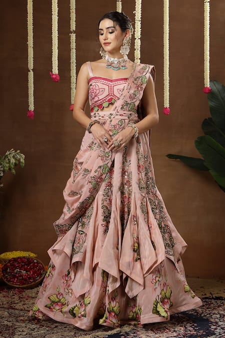 Shop Miku Kumar Multi Color Georgette, Tissue Iris Floral Print Cape Draped Lehenga Set Shop_Miku Kumar_Multi Color Georgette, Tissue Iris Floral Print Cape Draped Lehenga Set