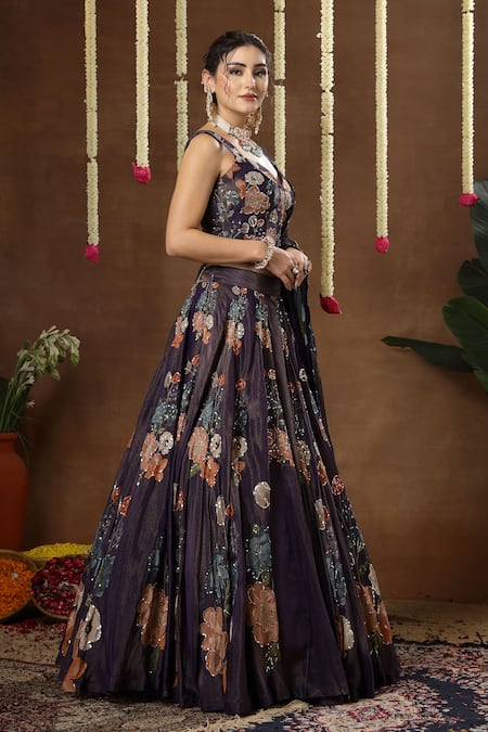 Miku Kumar_Navy Georgette, Tissue Embroidery, Sequins, Pearls, Lilya Floral Lehenga Set _Online_at_Aza_Fashions