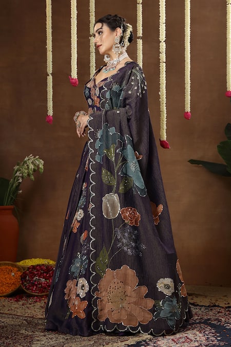 Shop_Miku Kumar_Navy Georgette, Tissue Embroidery, Sequins, Pearls, Lilya Floral Lehenga Set _Online_at_Aza_Fashions