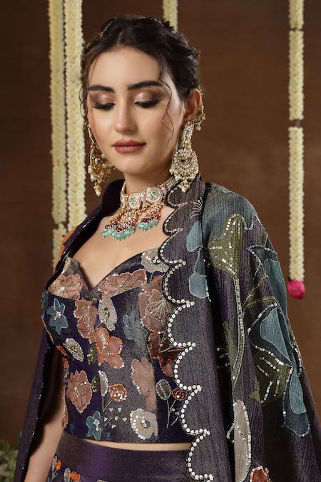 Miku Kumar_Navy Georgette, Tissue Embroidery, Sequins, Pearls, Lilya Floral Lehenga Set _at_Aza_Fashions