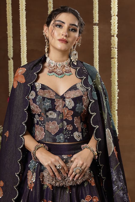 Buy_Miku Kumar_Navy Georgette, Tissue Embroidery, Sequins, Pearls, Lilya Floral Lehenga Set 