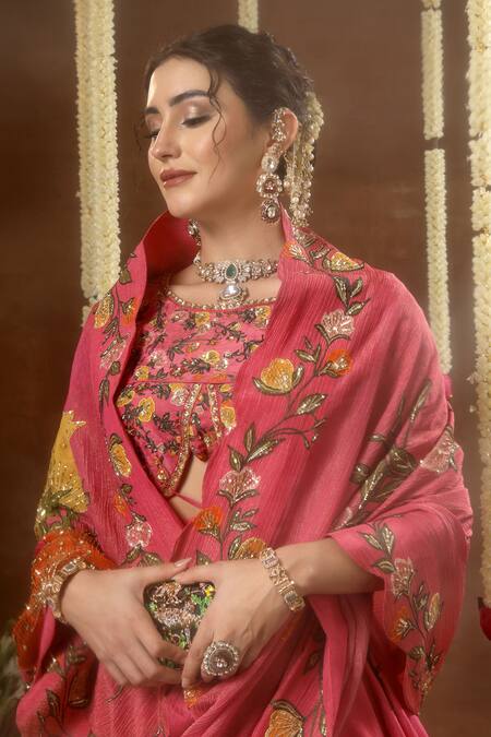 Buy_Miku Kumar_Pink Georgette, Tissue Embroidery, Sequins Kamalika Floral Pattern Lehenga Set _Online_at_Aza_Fashions