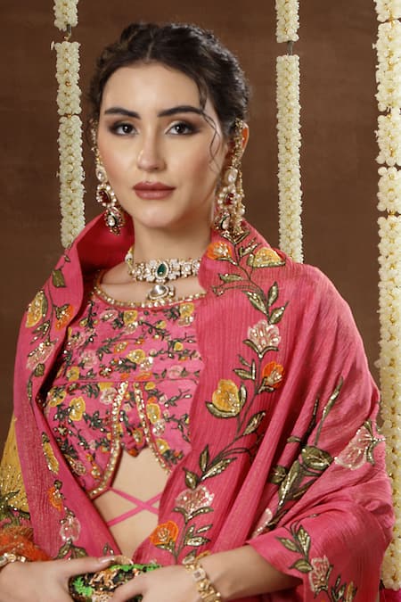 Buy_Miku Kumar_Pink Georgette, Tissue Embroidery, Sequins Kamalika Floral Pattern Lehenga Set 