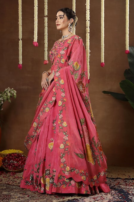 Shop_Miku Kumar_Pink Georgette, Tissue Embroidery, Sequins Kamalika Floral Pattern Lehenga Set 