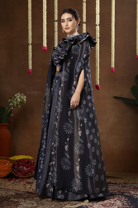 Buy_Miku Kumar_Blue Georgette Embroidery, Sequins V-neck, Open Amora Printed Cape Lehenga Set _Online_at_Aza_Fashions