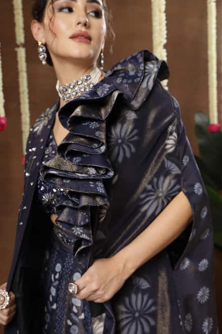 Shop_Miku Kumar_Blue Georgette Embroidery, Sequins V-neck, Open Amora Printed Cape Lehenga Set _Online_at_Aza_Fashions