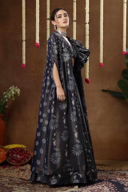 Miku Kumar_Blue Georgette Embroidery, Sequins V-neck, Open Amora Printed Cape Lehenga Set _at_Aza_Fashions