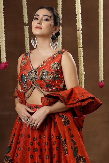 Buy_Miku Kumar_Orange Georgette, Tissue Embroidery V-neck, Raiya Floral Print Cape Lehenga Set _Online_at_Aza_Fashions
