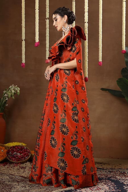 Shop_Miku Kumar_Orange Georgette, Tissue Embroidery V-neck, Raiya Floral Print Cape Lehenga Set _Online_at_Aza_Fashions