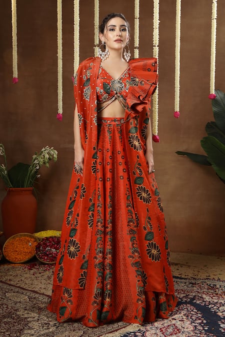 Shop_Miku Kumar_Orange Georgette, Tissue Embroidery V-neck, Raiya Floral Print Cape Lehenga Set 